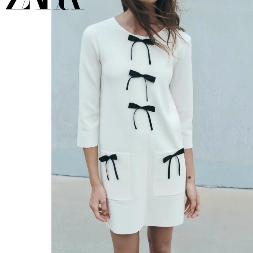 Zara White Dress With Black Bow Accents